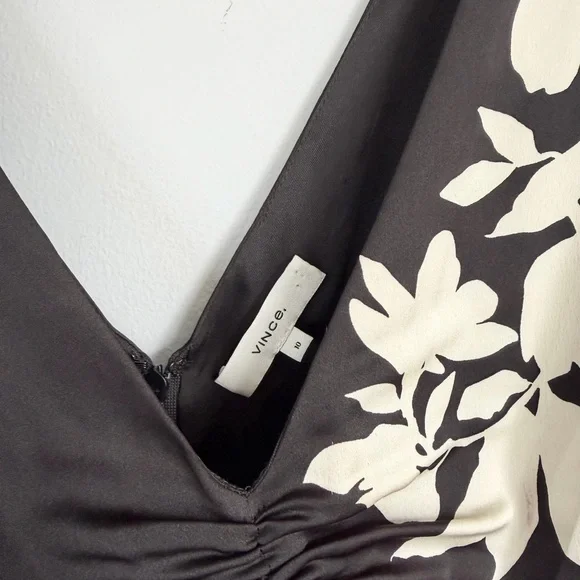 Vince Size 10 • Black Floral Satin Ruched Sleeveless Dress.